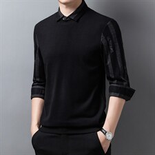 中年男士长袖t恤春秋季2023新款潮流翻领假两件上衣男装卫衣潮，男装卫衣，电商B212（原钱塘6029）