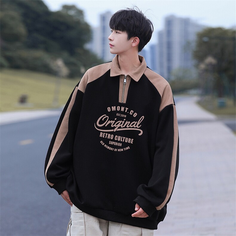 秋美式拼色翻领POLO衫休闲宽松卫衣PW2339-P50控78抖控88加绒P60,男装卫衣,电商B370