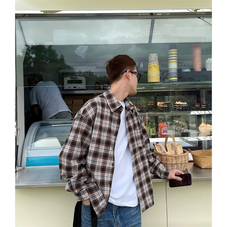 工装衬衫男长袖秋季新款潮流百搭格子衬衣日系复古青少年宽松外套,男装衬衫,星座218-1（原230）