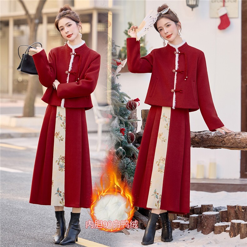 《现货》2025年冬季中式90羽绒服两件套装淑女保暖套装提花纯色女，女装套装/套裙，小九月