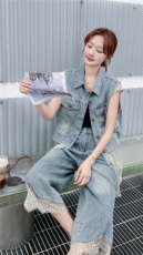 韩版蕾丝拼接牛仔马甲阔腿裤套装女2025夏季新款度假风显瘦两件套，女装套装/套裙，2C316