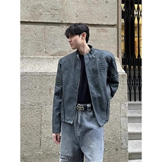 美式复古做旧高街垫肩pu皮衣外套街头机车服立领夹克JKT88特P83，男装夹克，星座908-1