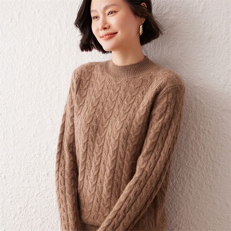 2024秋季新款长袖半高领35%绞花羊绒衫复古休闲,女装羊绒衫,雪真羊绒高端店