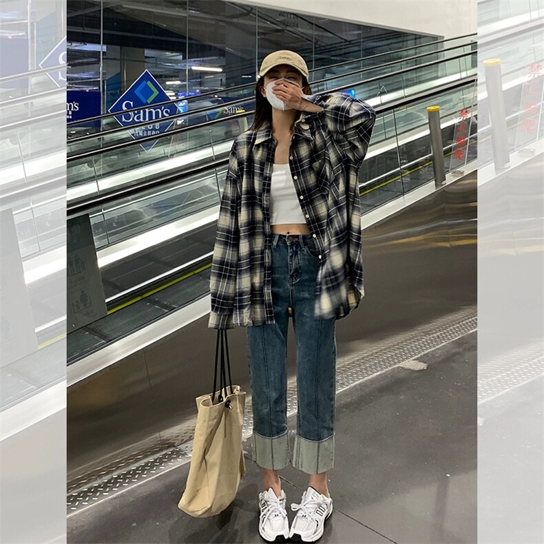 TC677-p45港风复古格子衬衫女款秋装小个子衬衣外套休闲开衫,女装衬衫,星座617A-2