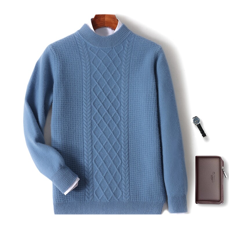 秋冬季新款舒适时尚百搭七针花型半高羊毛衫，男装羊毛衫，牧圣羊绒
