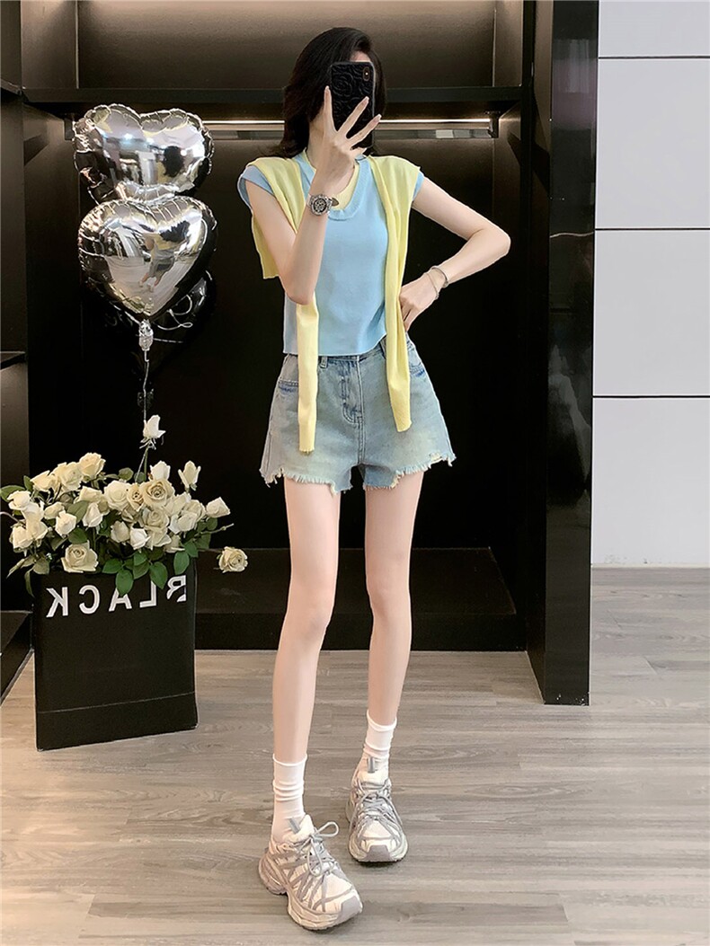 韩系温柔风时尚套装女夏款V领系带披肩假两件上衣牛仔短裤两件套,女装套装/套裙,江南
