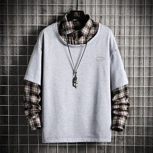2021秋季新网格挂拍日系大码男格子衬衫T恤假两件卫衣W5020-P50图片