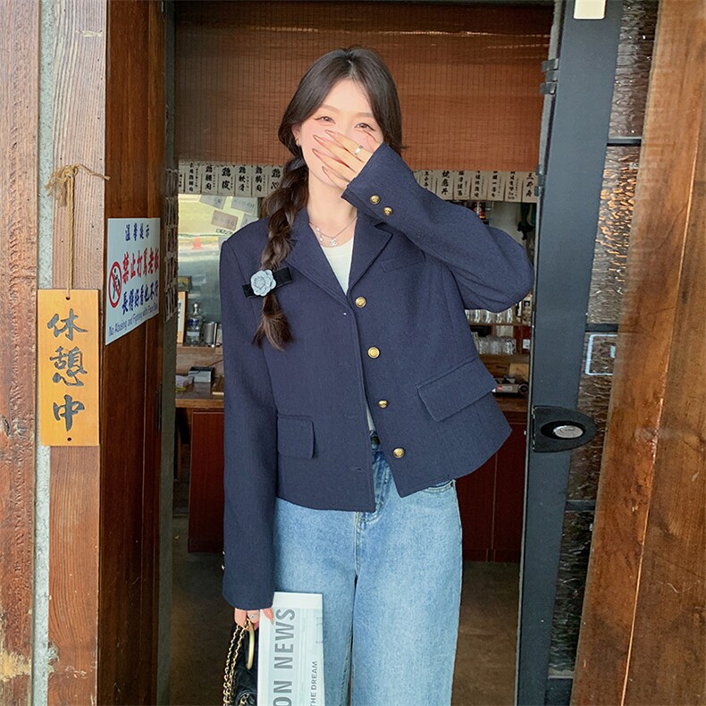 藏青色设计感休闲西装外套女2025春秋法式名媛气高级感显瘦小西服,女装西装,2C205