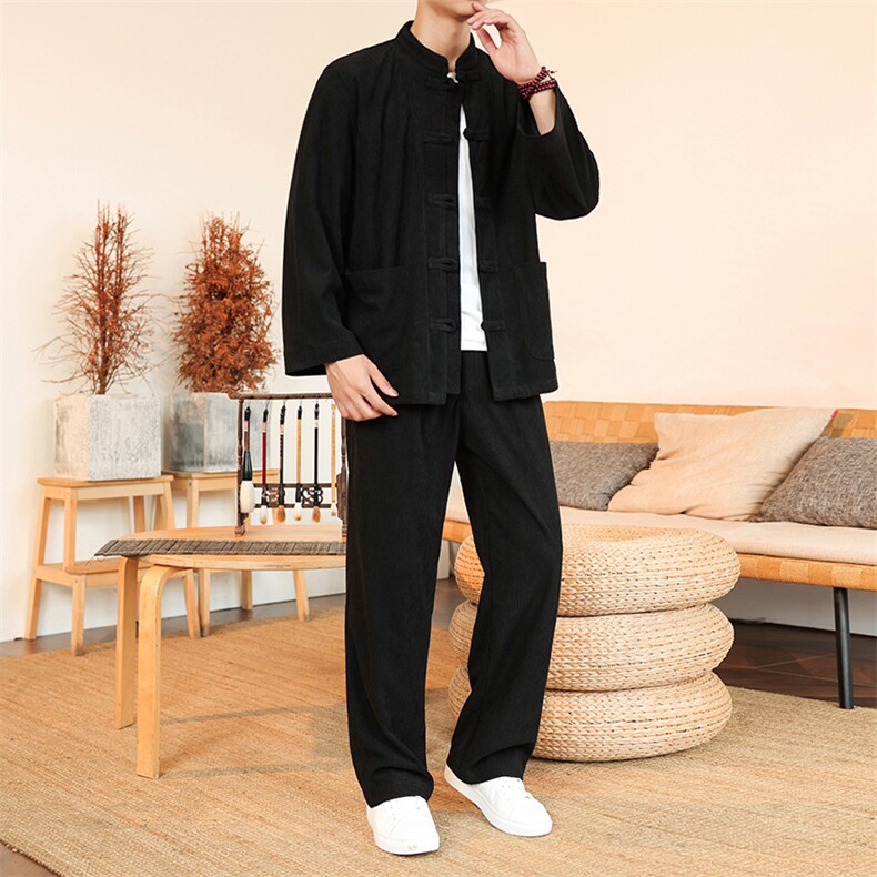 风长袖灯芯绒套装立领盘扣男士纯色套装两件套DSA008-TZ2524,男装休闲套装,电商A008