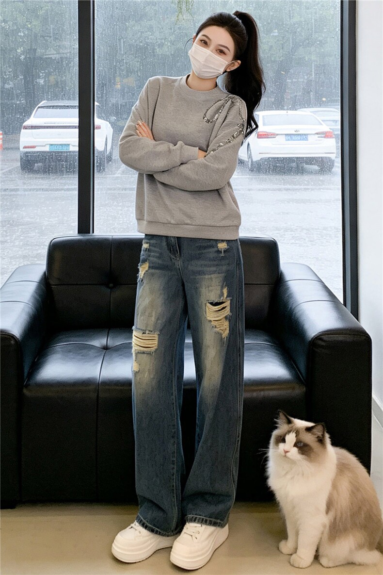 盐系穿搭休闲时尚套装女春款圆领刺绣长袖上衣破洞牛仔长裤两件套,女装套装/套裙,江南