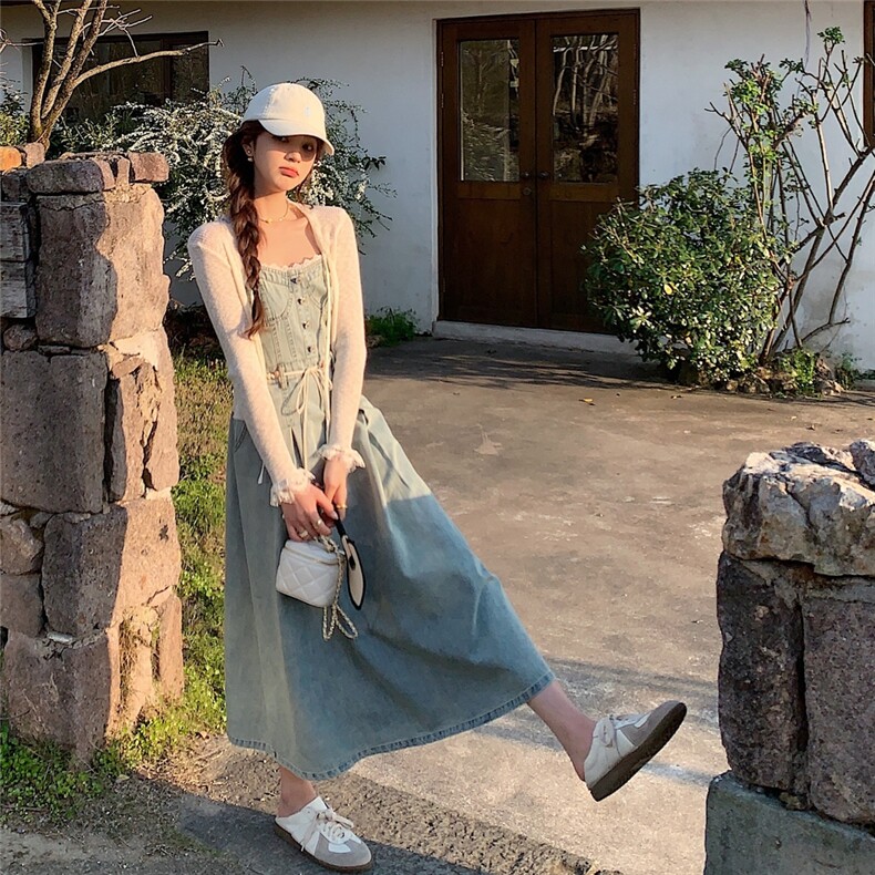 牛仔连衣裙套装女2025夏季新款法式复古开衫上衣显瘦吊带裙两件套,女装连衣裙,2C218