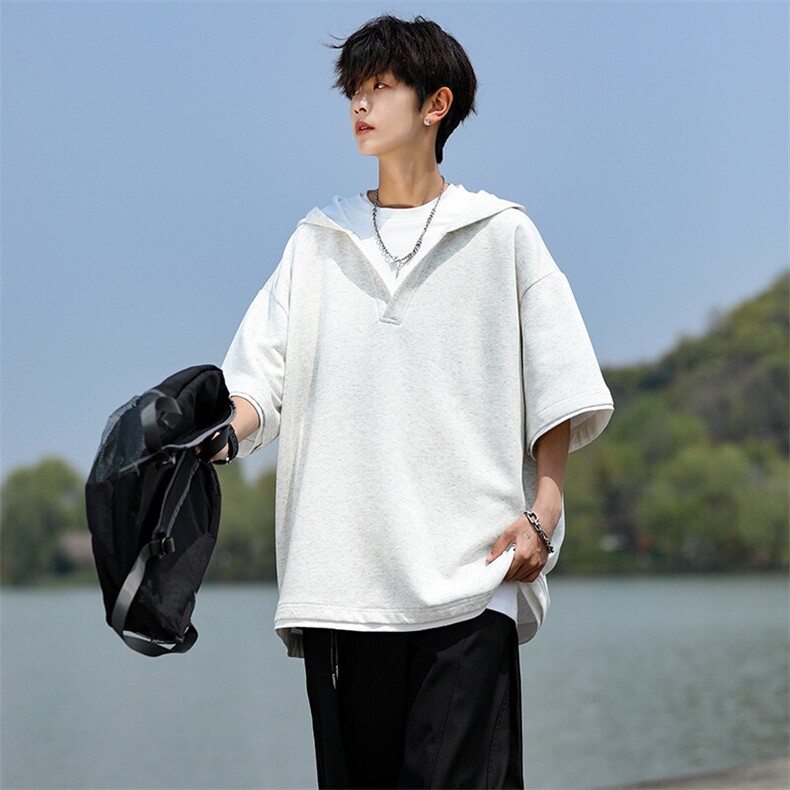 8XL-M假两件短袖卫衣连帽t恤男夏季薄款宽松大码学生半袖DT007P48,男装T恤,电商B312