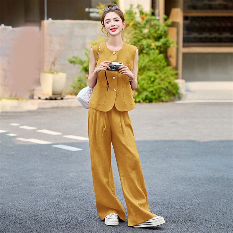 小香风马甲套装女夏季高级感休闲时尚洋气减龄显瘦阔腿裤三件套,女装套装/套裙,布芭啦