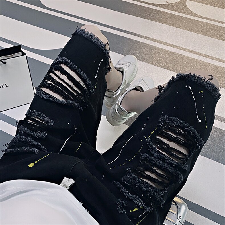 K40/P48控78夏季小伙磨破做旧扎染漆点牛仔短裤潮牌中裤男士黑首1,男装牛仔裤,星座305B