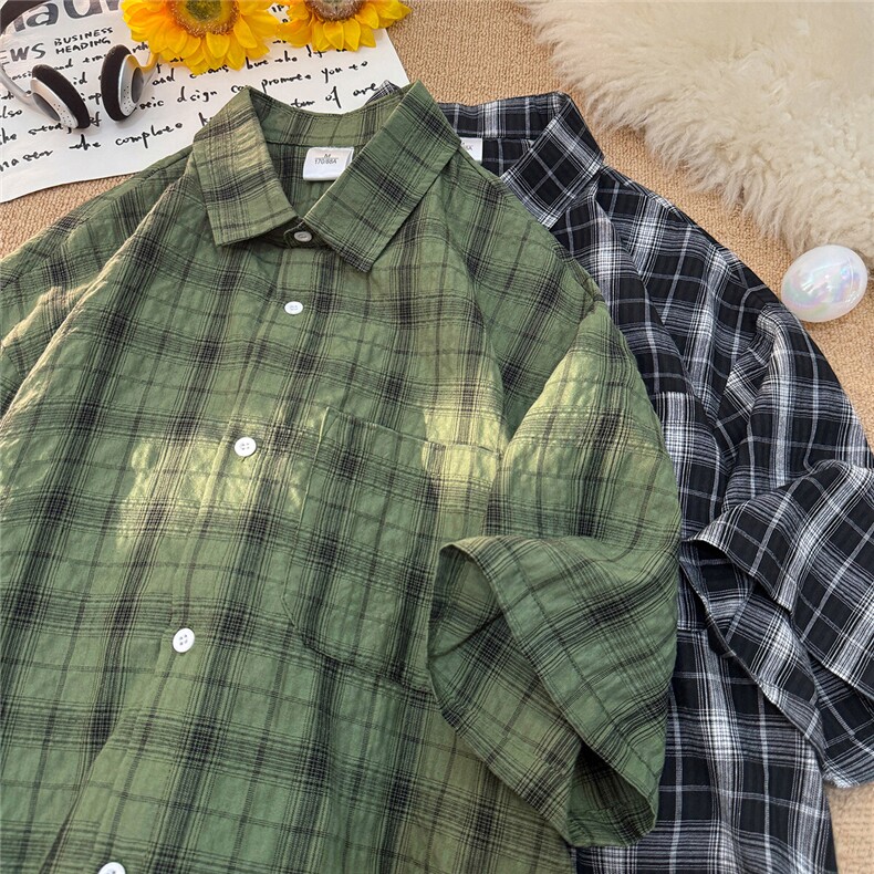 特批2025毛毯夏季潮流格子衬衣情侣宽松短袖衬衫S228P35控58，男装衬衫，电商A247