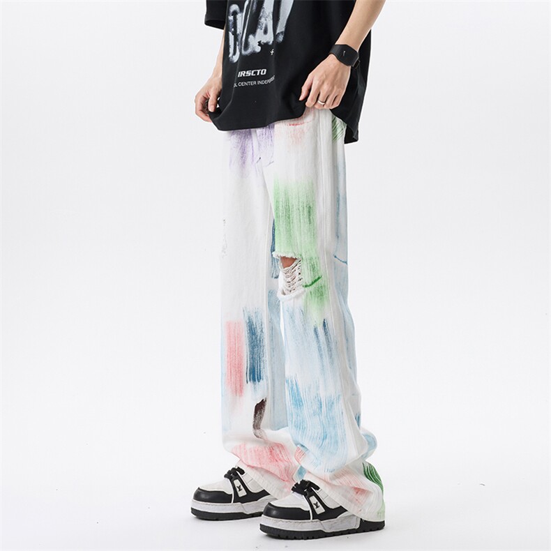 美式ins高街hiphop破洞多巴胺彩色涂鸦牛仔货号K2306P55,男装牛仔裤,电商A063
