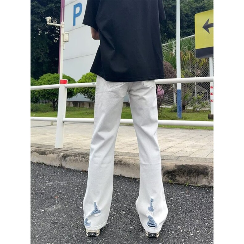 春款ins原宿复古蓝纱灰白clf微喇破洞直筒牛仔长裤K71166-P53网图,男装休闲裤,电商B245