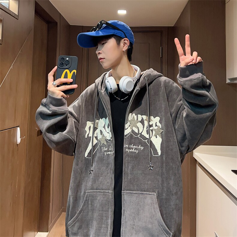 美式复古毛巾绣星星灯芯绒外套男女街头风宽松连帽卫衣W06011-P45图片