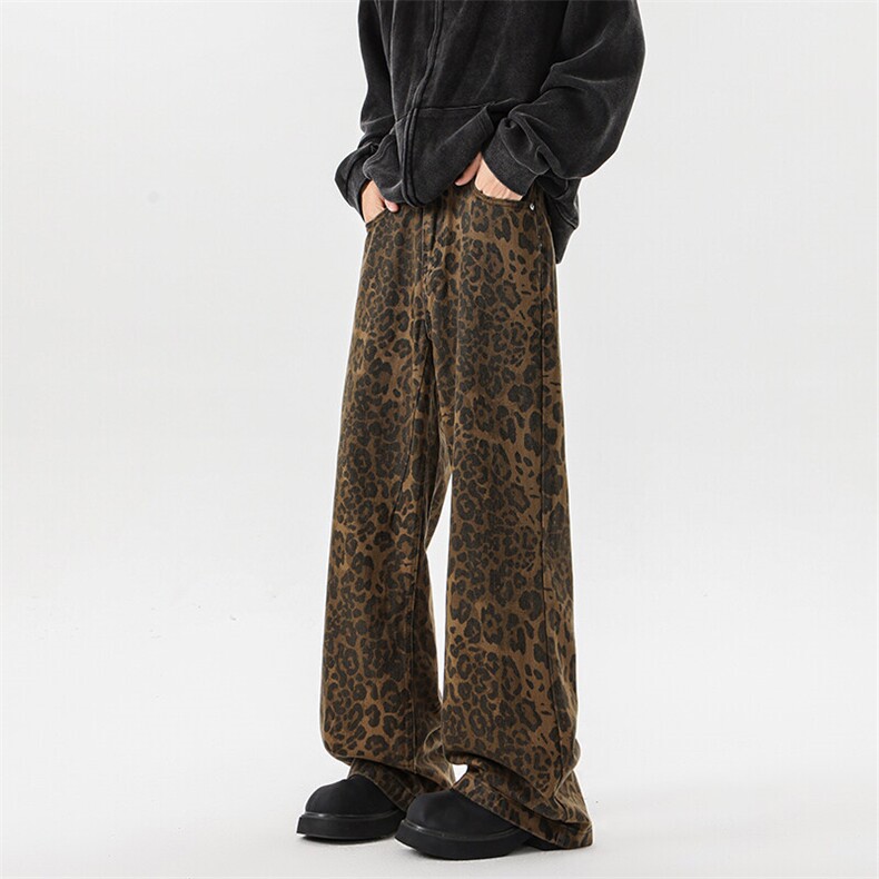 8XL-M春款高街美式豹纹阔腿牛仔裤男宽松直筒拖地裤K9113P68控88,男装休闲裤,电商D206-1