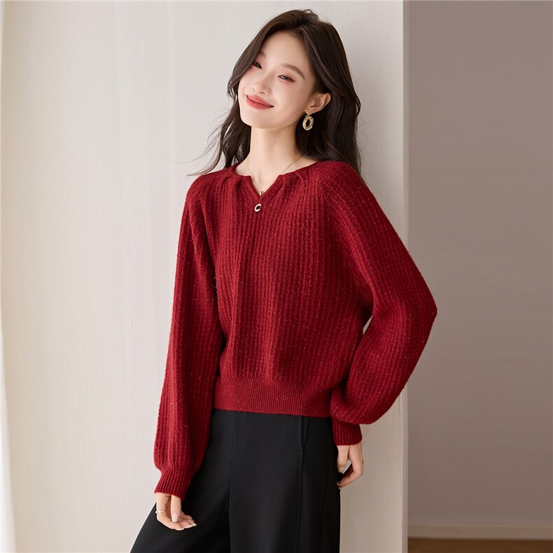 慵懒风V领镂空细闪慵懒针织衫欧洲站2025秋季新款韩系别致上衣女，女装羊毛衫，艾米