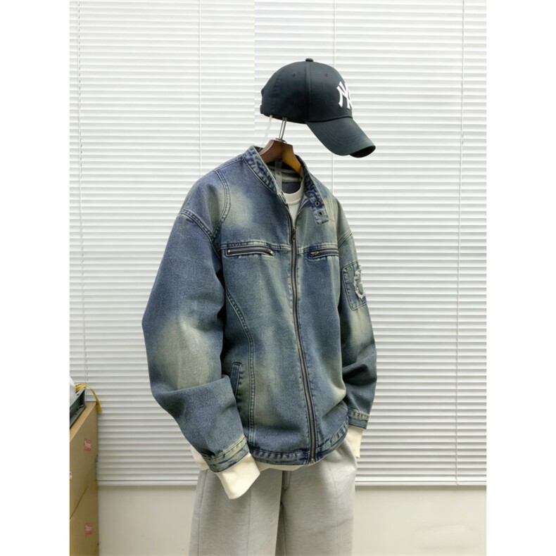 美式复古做旧水洗宽松牛仔外套男立领拉链潮牌夹克男,男装工装外套,星座410-6（原星座1304-1）
