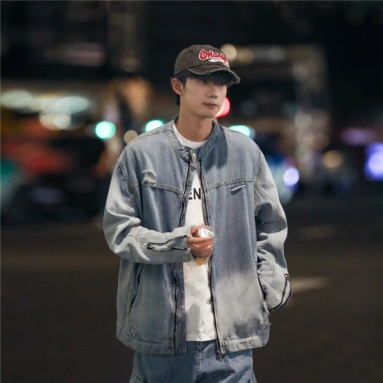 美式潮牌复古渐变水洗牛仔外套男设计感拉链装饰工装夹克H54/P75,男装夹克,星座506
