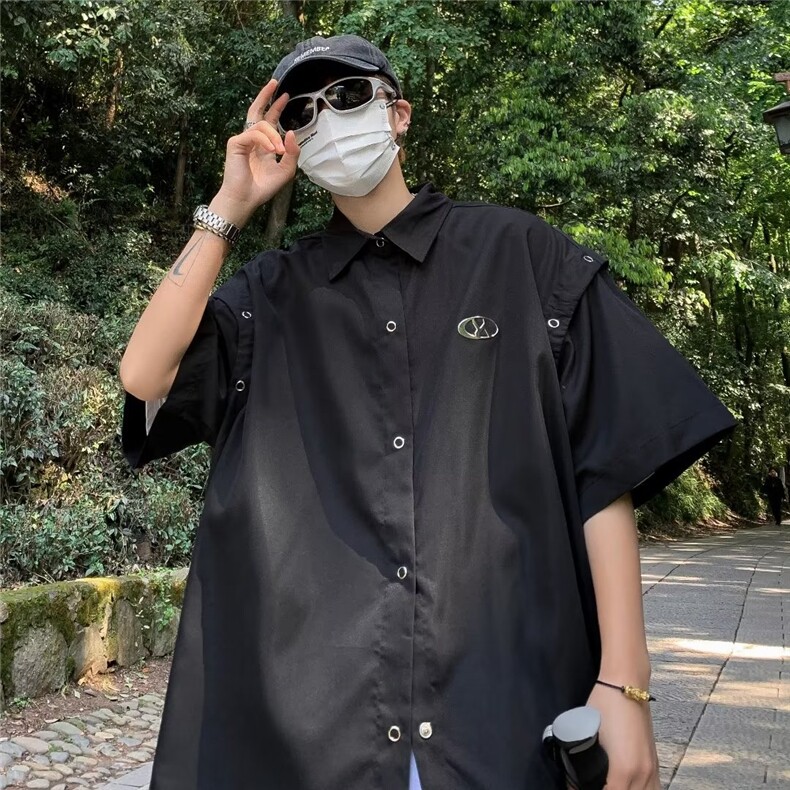 设计感可拆卸袖子黑色衬衫男女金属高级感百搭潮流衬衣-CS4514,男装衬衫,星座601-2