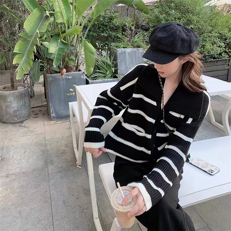 秋季新款舒适显瘦时尚百搭条纹内兜海军领针织衫,女装羊毛衫,恒恩羊绒