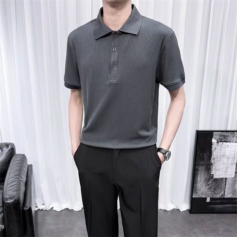 冰丝条纹短袖Polo衫男2024新款夏上衣潮流高级感纯色翻领t恤 D88图片