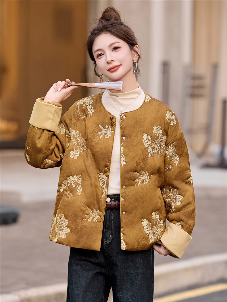 2025冬装新款刺绣优雅轻薄棉衣,女装棉衣/棉服,伊仟回