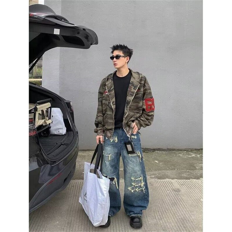 美式复古水洗迷彩刺绣连帽卫衣外套男秋冬季宽松休闲帽衫夹克,男装夹克,四季星座505