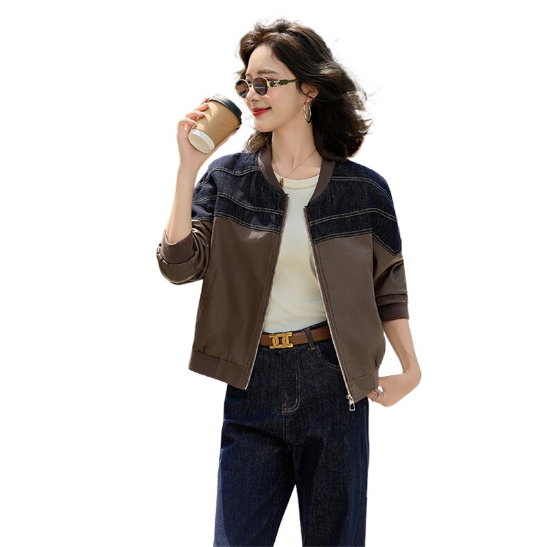 女式皮衣2025秋季新款牛仔拼接百搭休闲时尚PU皮夹克上衣,女装皮衣,潮流依族