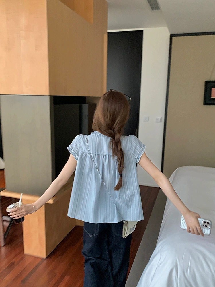 重工蕾丝拼接假两件短袖V领木耳边系带设计感上衣,女装T恤,湘姗