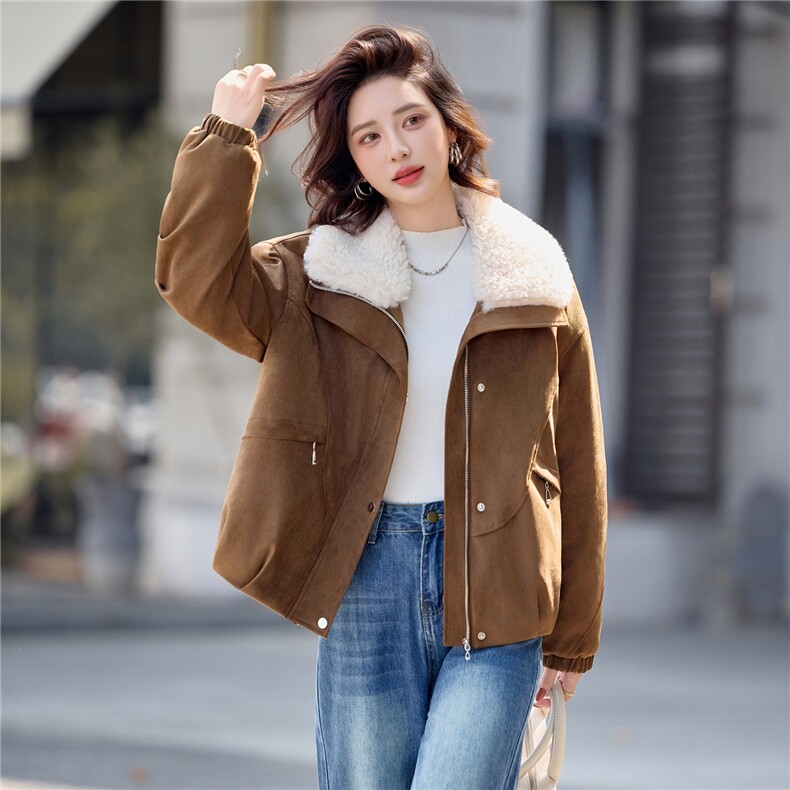 羊羔毛翻领夹棉加厚鹿皮绒外套女2025冬季新款休闲宽松超好看棉衣,女装短外套,印象茜