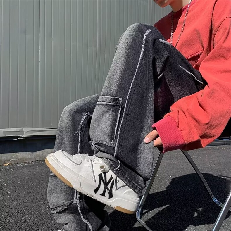 欧美hiphop炸街裤子美式复古毛边拼接水洗做旧牛仔裤男小众直筒裤图片