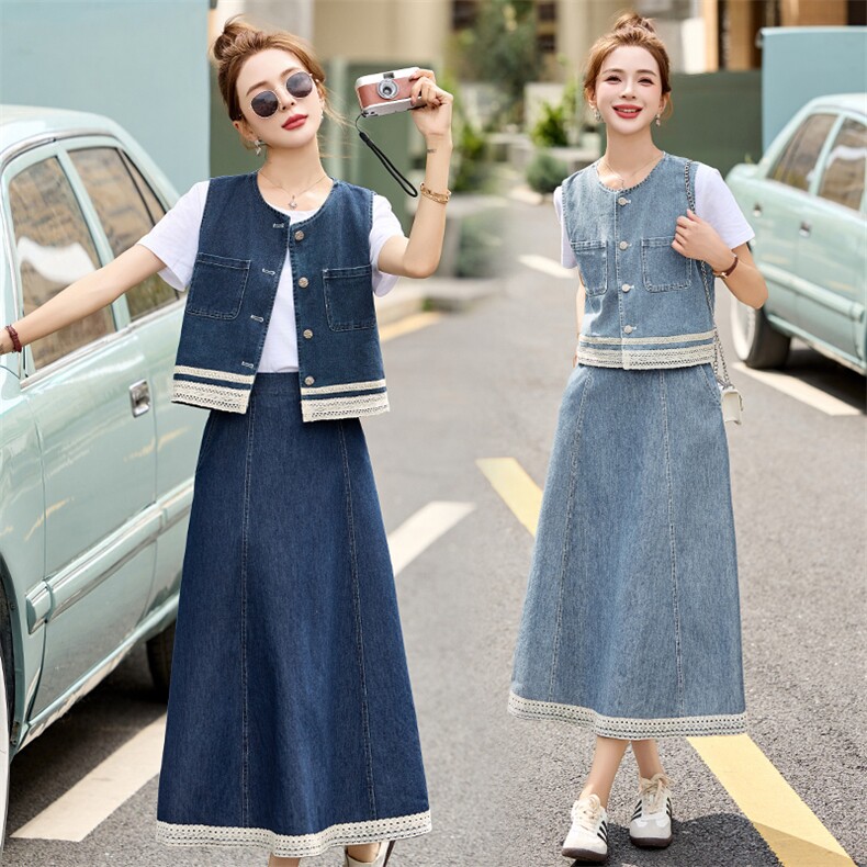 时尚蕾丝拼接牛仔马甲套装女2025年夏季新款洋气减龄半裙三件套，女装套装/套裙，贵人树