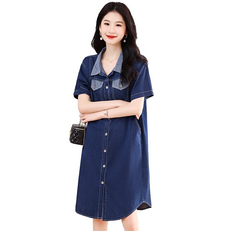 连衣裙女2024新款宽松休闲中长款裙子气质翻领牛仔裙小个子显瘦,女装连衣裙,梦懿尔