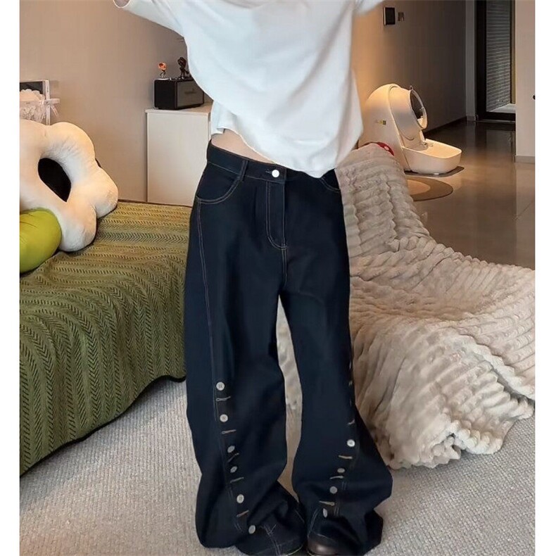 美式复古设计感多排扣眼弯刀牛仔裤慵懒松弛感休闲阔腿拖地裤子,男装牛仔裤,星座601-1