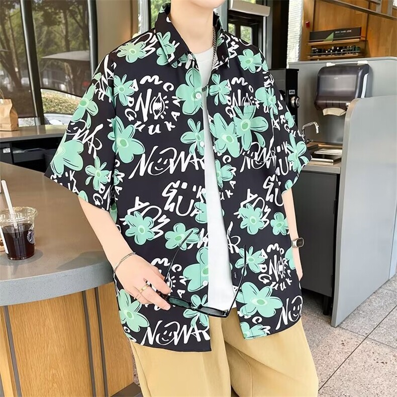 弹力布夏季男士印花短袖衬衫个性五分袖衬衣外套图片