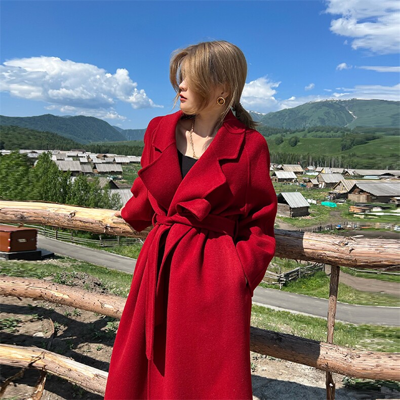 2025年夏季常规中长款长袖纯色系带大翻领时尚百搭简约大方,女装双面呢大衣,蒙绒特
