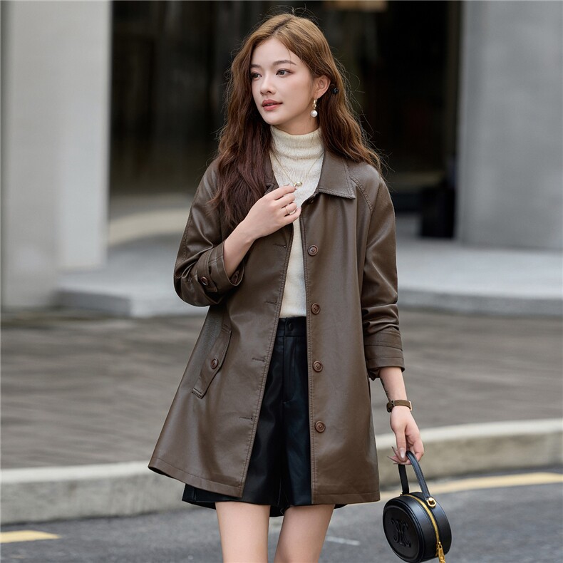 【秋季女装新款】大量现货时尚百搭中长款皮衣外套P-130，女装皮衣，简古