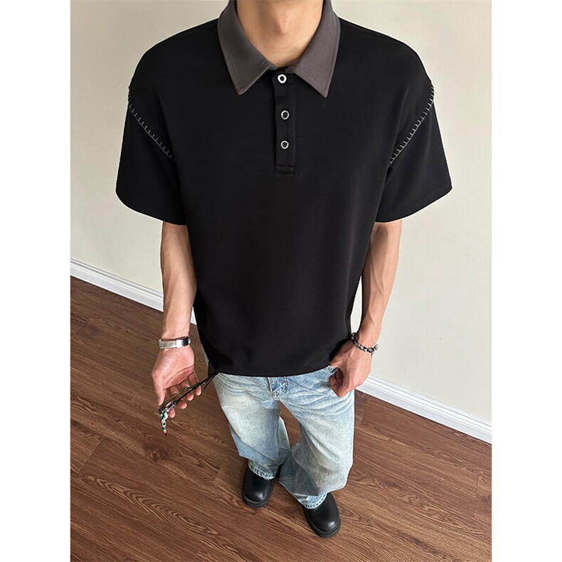 GENIOLAMODE夏季撞色明线拼接polo衫短袖男士新款宽松翻领T恤休闲,男装T恤,电商A003