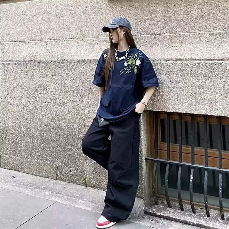 美式花卉刺绣短袖T恤男女潮牌夏季宽松情侣上衣,男装T恤,星座410-7