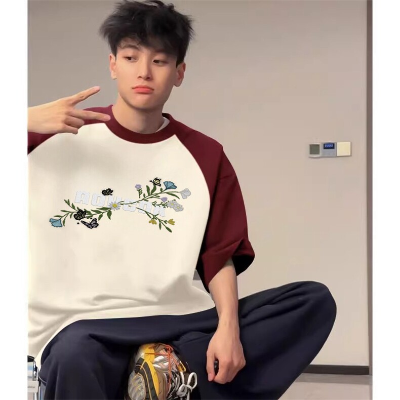 抖音得物高品质二开240克宽松纯棉美式潮牌插肩袖拼接短袖T恤,男装T恤,电商A486