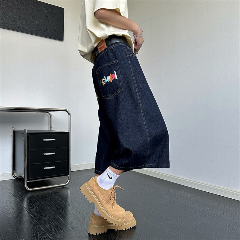 美式复古字母印花七分裤男夏季新款高街休闲牛仔短裤子D06722-P48，男装牛仔裤，星座308B-2