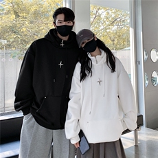 情侣秋冬美式复古假两件加绒加厚连帽卫衣半拉链外套D318-1P78，女装短外套，电商A335-1（原A458）