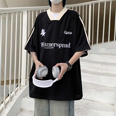 字母圆领夏季落肩袖热转印美式薄款刺绣涤纶短袖男潮五分袖宽松型，男装T恤，星座1013