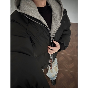 PU皮假两件连帽宽松棉衣男女保暖短款潮流冬季加厚棉服D513特P105图片