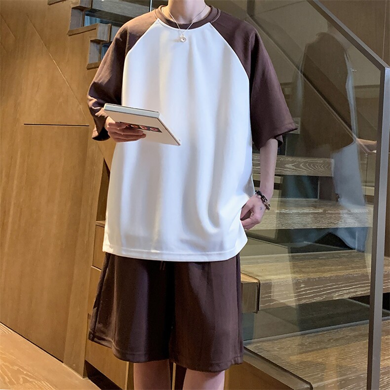 抖音~重磅280g夏季插肩袖拼接短袖套装A420特P55,男装休闲套装,电商A309