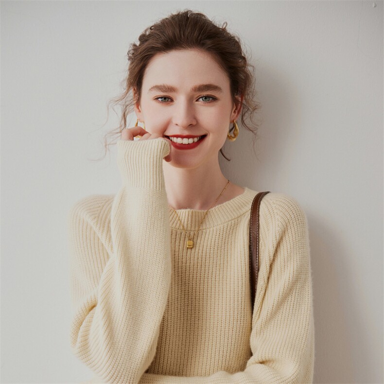 女士舒适简约秋季圆领长袖百搭35%羊绒衫,女装羊绒衫,七柒羊绒